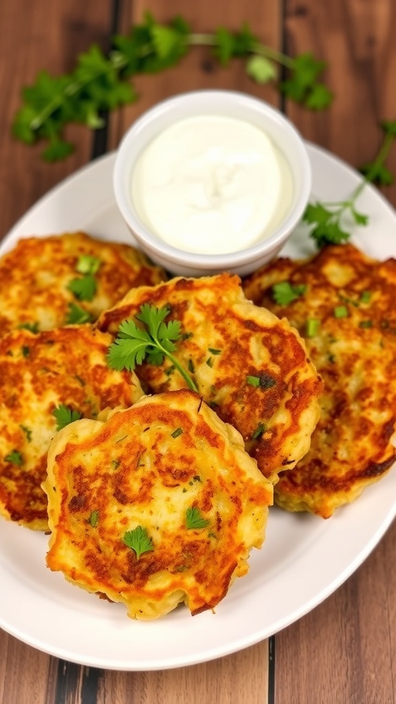 Crispy vegetable fritters served with yogurt dip, garnished with herbs on a rustic table.